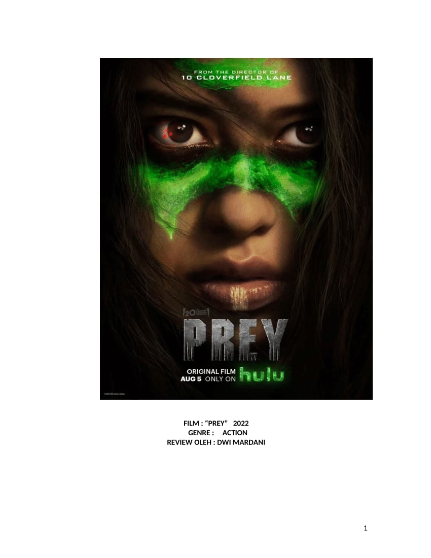 Poster of the 2022 action film “Prey,” showing a young Indigenous woman with green war paint across her eyes, staring intensely forward.